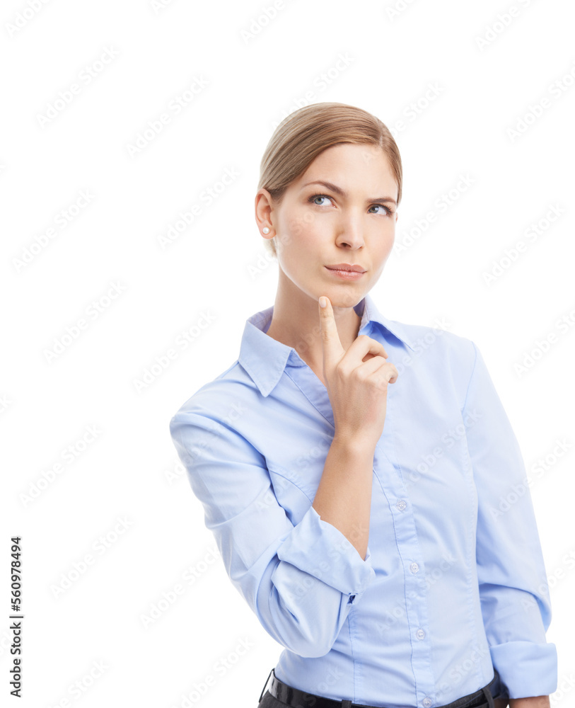 Thinking, business woman and space for advertising on a white background with ideas, decision or sol