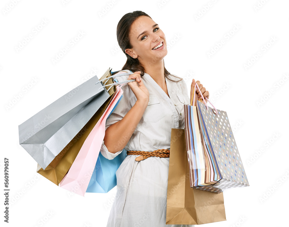 Woman with shopping bag, retail and fashion portrait, store sale and isolated against white backgrou