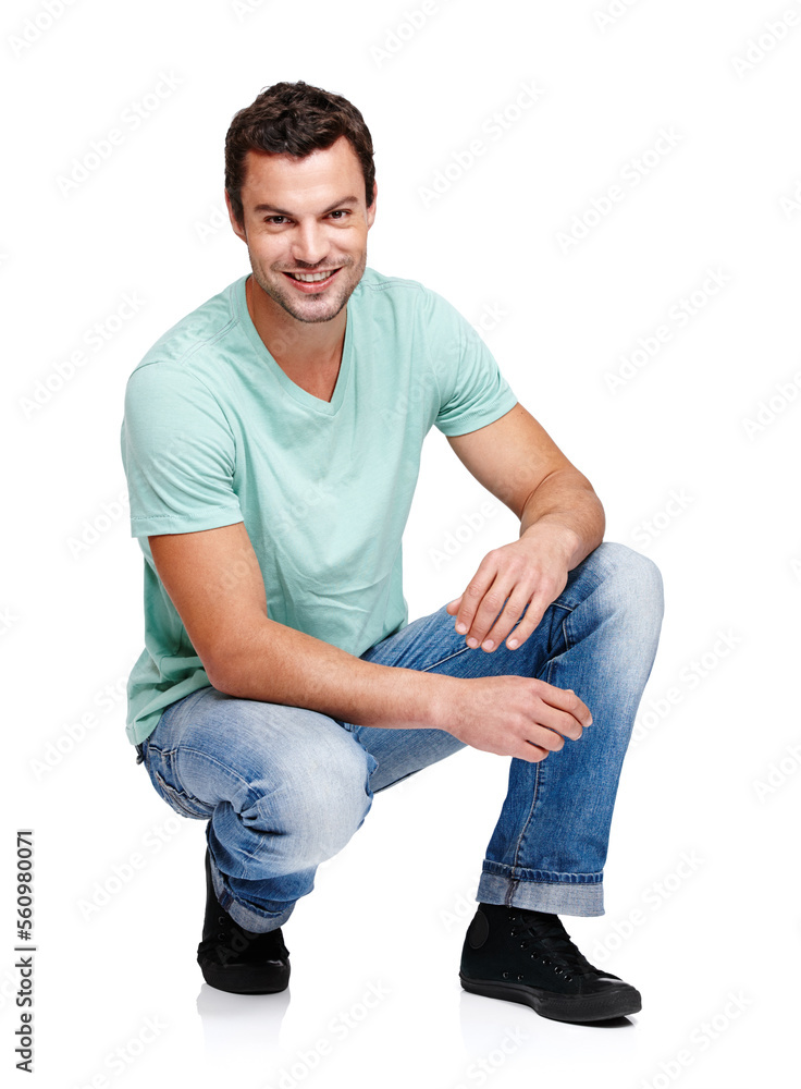 Happy, smile and portrait of a man in a studio with a casual, stylish and cool trendy outfit. Handso