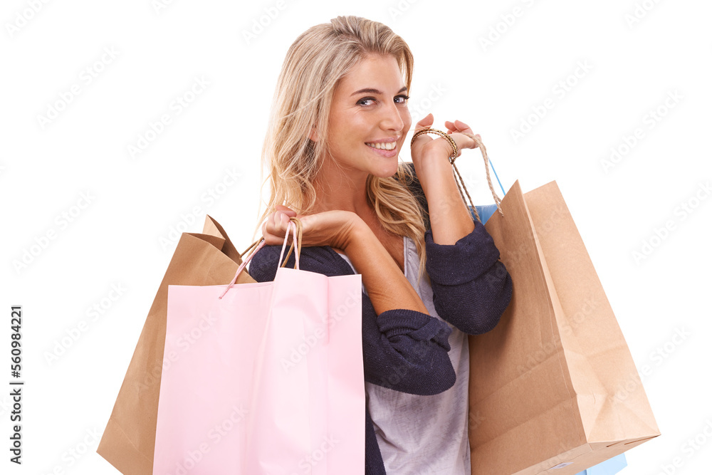 Shopping bag, studio and fashion portrait of woman with retail sales product, discount deal or mall 