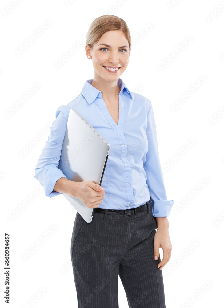 Employee in portrait with laptop woman and business with technology and internet network on white ba