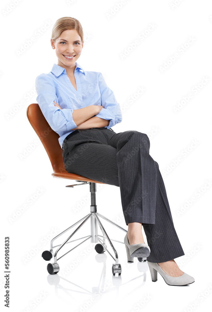 Portrait, arms crossed and business woman on chair in studio on white background. Ceo, boss and smil