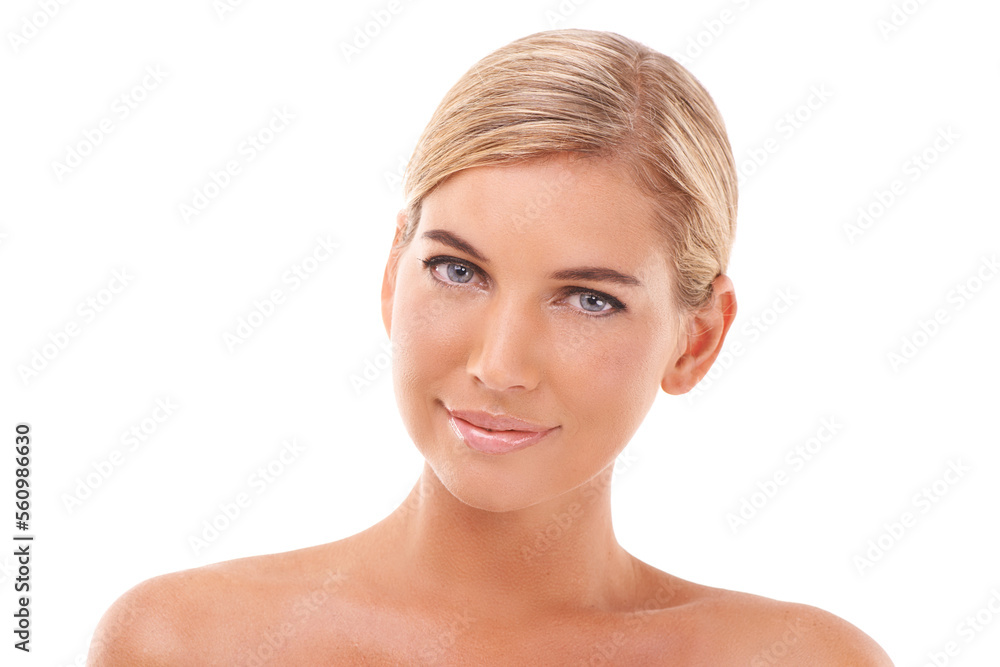 Skin glow, face beauty and portrait of a woman relax about dermatology and natural skincare. White b