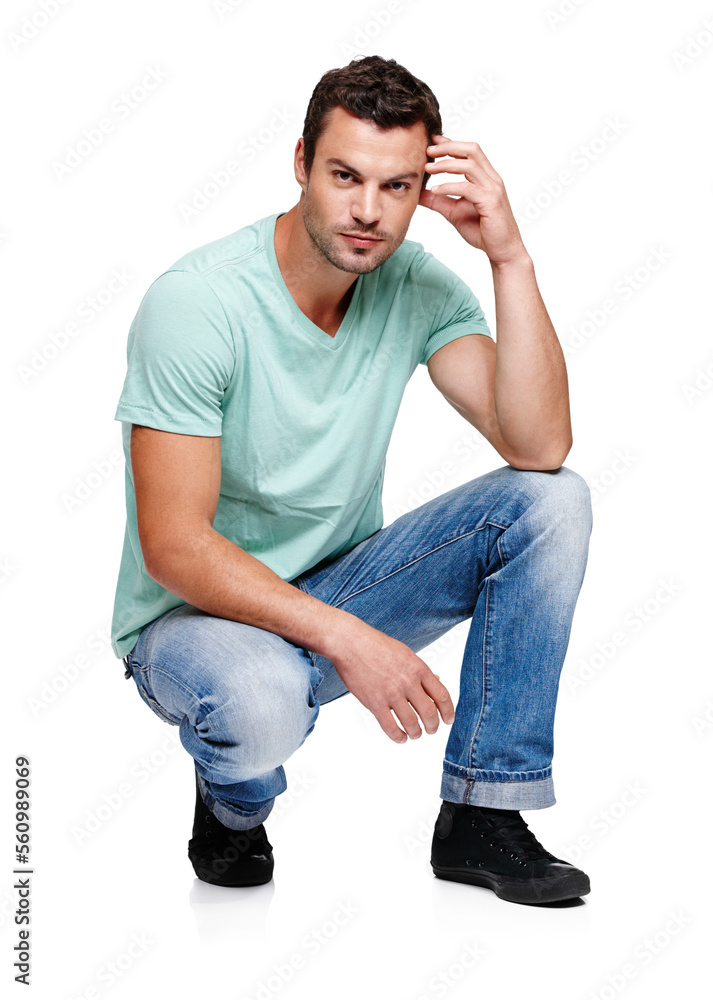 Fashion, attitude and portrait of man on a white background in trendy, casual and stylish clothes. C