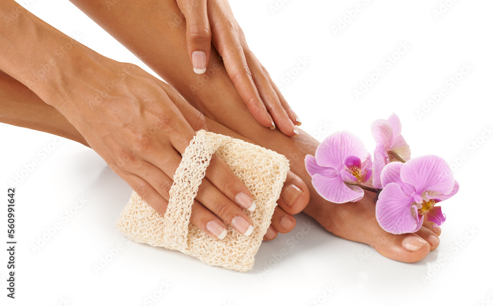 Spa, scrub and woman with cosmetics, feet and natural beauty for lady isolated on white studio backg