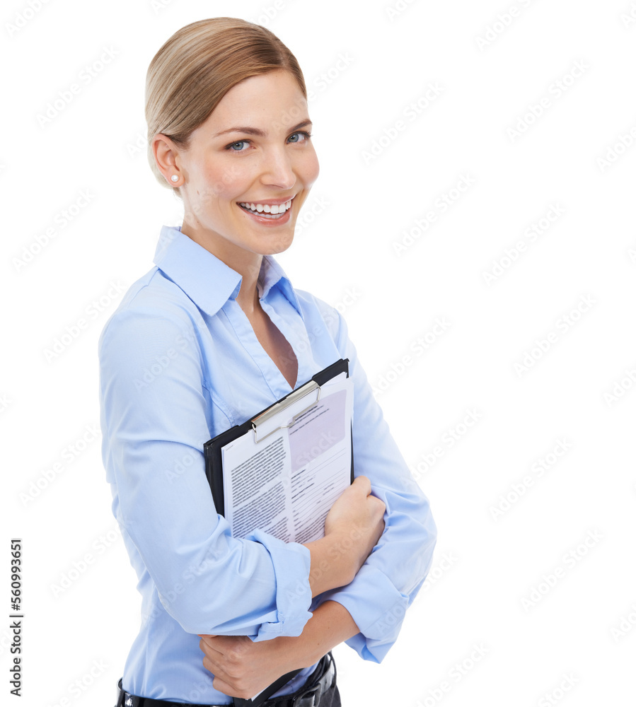 Business woman, portrait and documents clipboard on white background in cv review, recruitment or jo