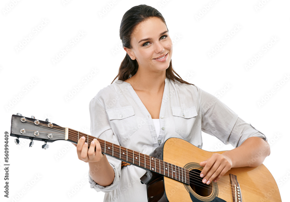 Music, art and portrait of woman with guitar and smile playing song, isolated on white background. T