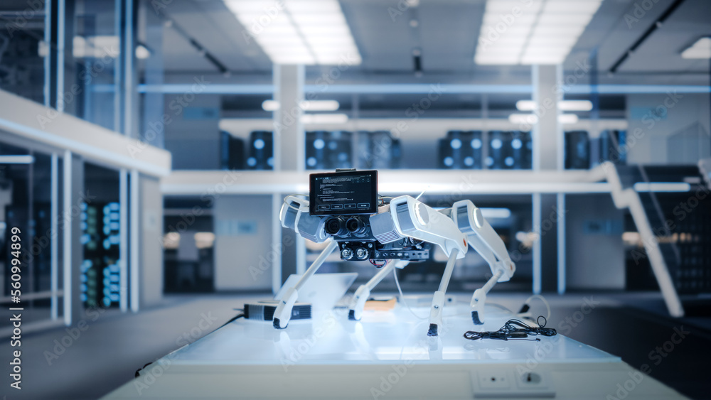 Mobile Robot Dog Standing in a High Tech Modern Industrial Facility. Robot Prototype with a Screen w