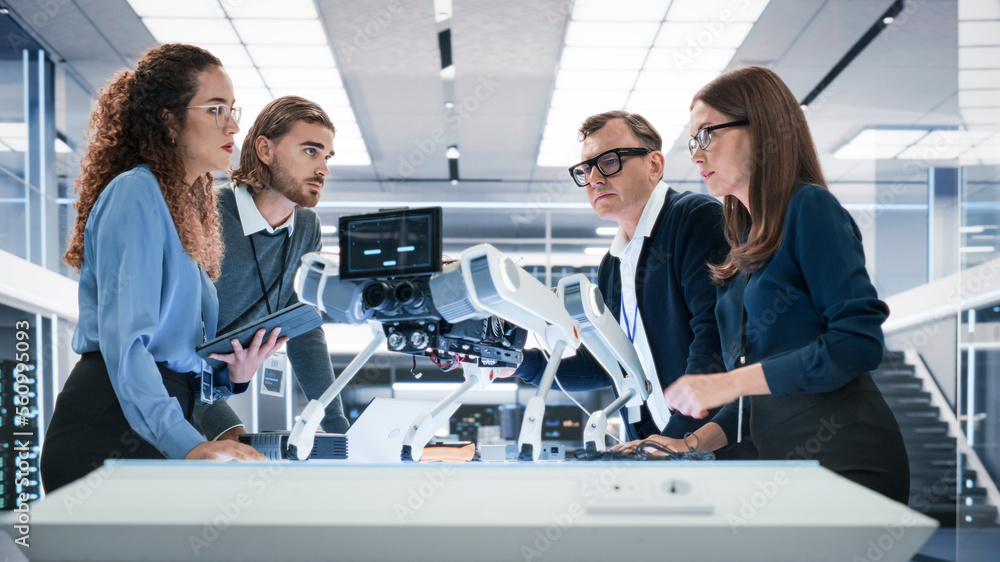 Professional International Team of Female and Male Engineers Use Industrial Programmable Robot Dog i