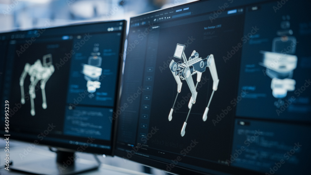 Close Up of a Computer Monitor Display with 3D CAD Software with High Mobility Robot Dog Project. Fo