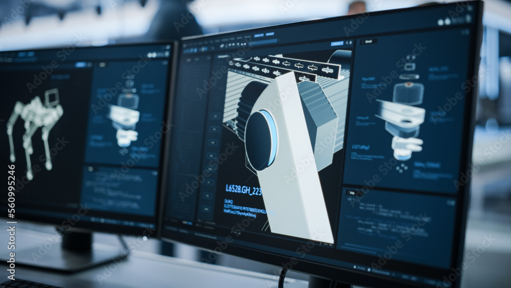 Close Up of a Computer Monitor Display with 3D CAD Software with High Mobility Robot Dog Project. Fo