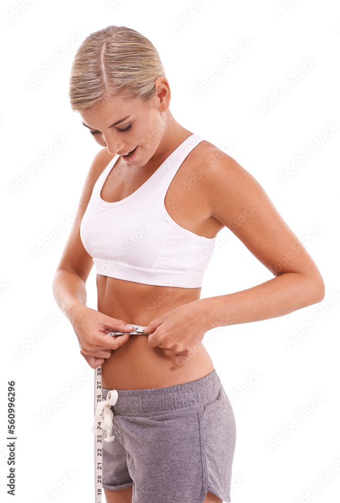 Health, fitness and woman with tape measure for abdomen in studio isolated on a white background. Di