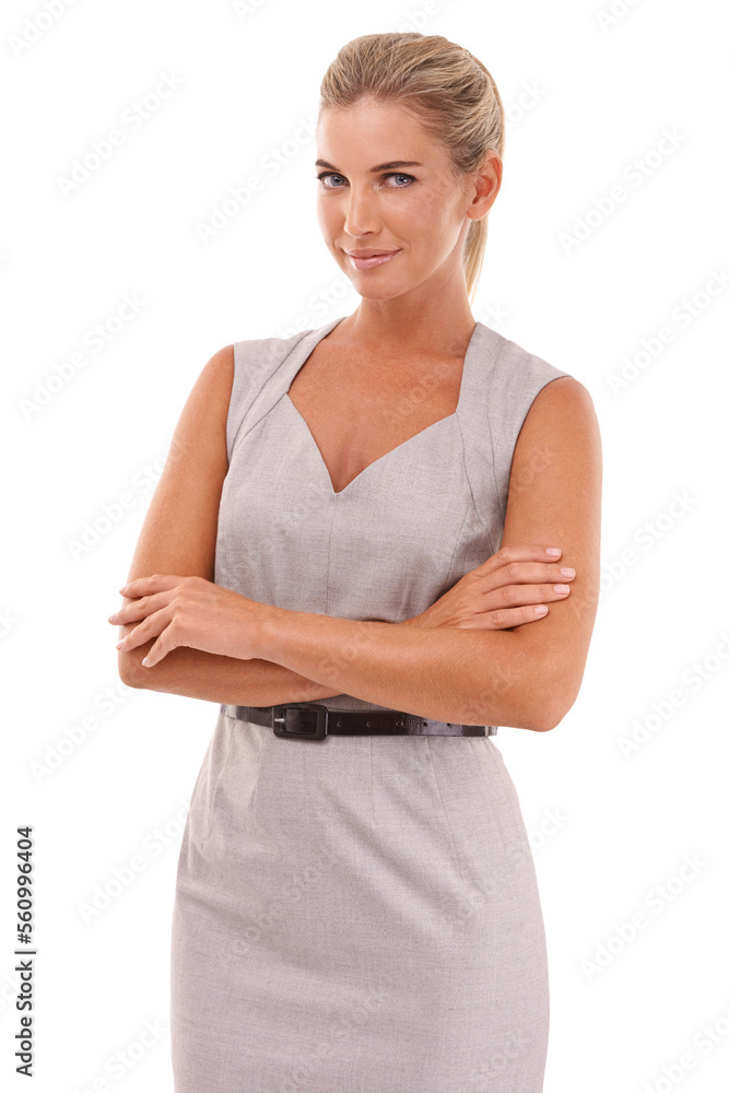 Business, fashion and portrait of a woman in a studio with crossed arms and a classy corporate outfi