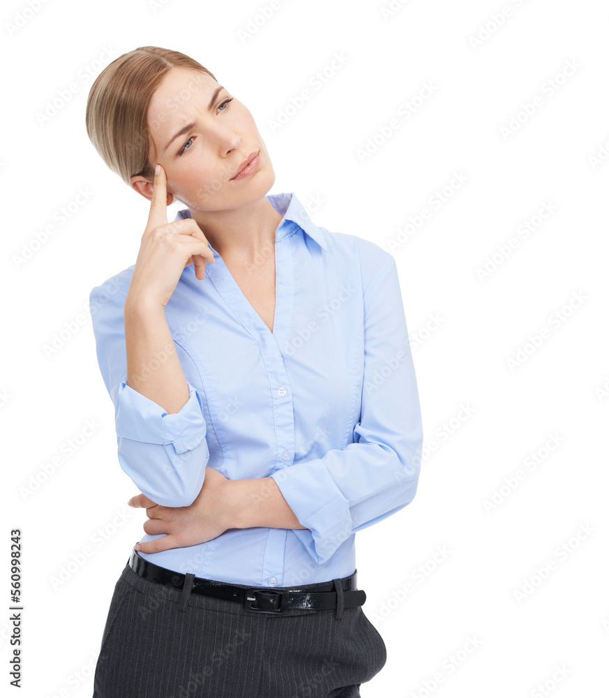 Business woman, thinking and confused while isolated on a white background with doubt about a decisi