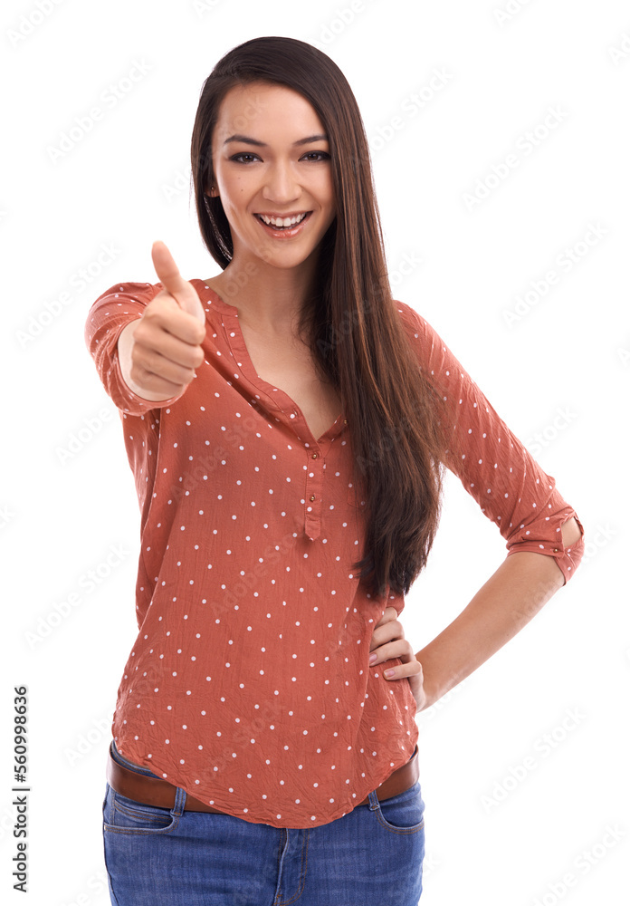 Woman, studio portrait and thumbs up with smile, fashion and yes for motivation by white background.