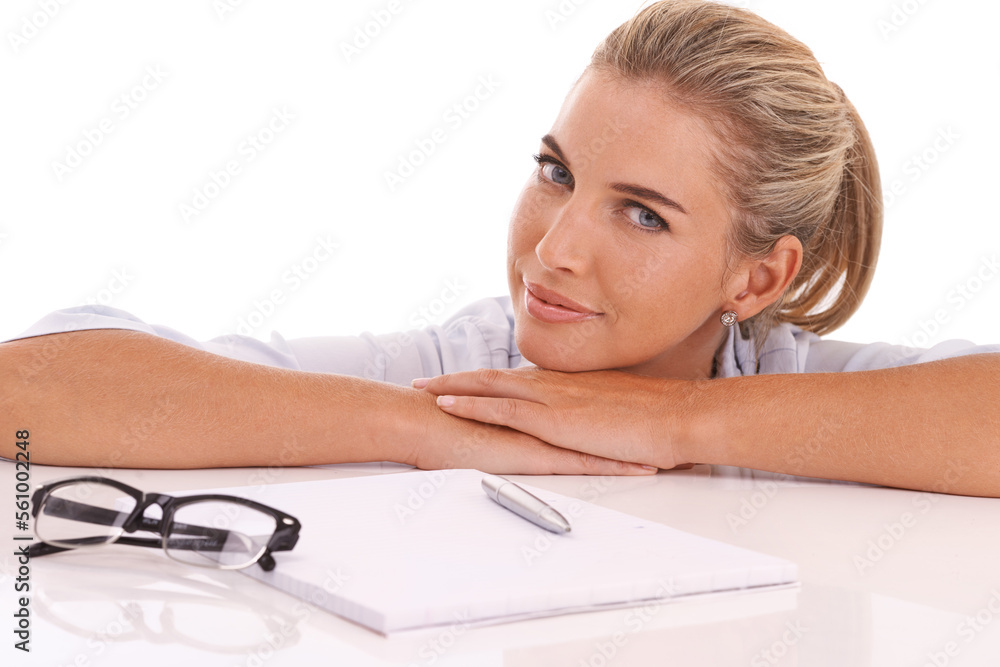 Business woman, portrait or documents desk on isolated white background in cv review, recruitment or