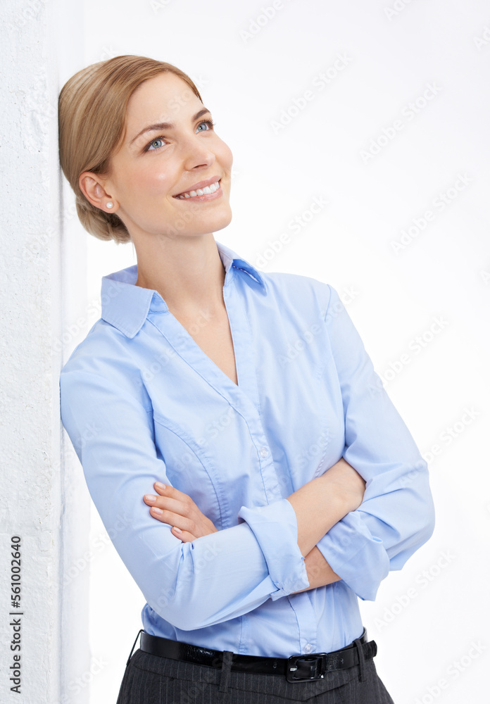 Business woman, happy and thinking of idea or vision for future isolated on white background. Planni