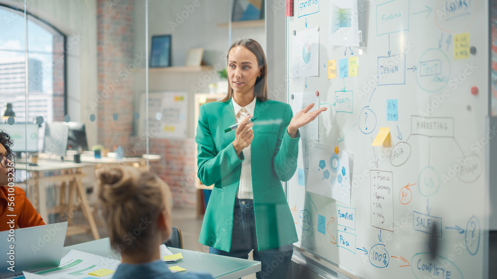 Female Chief Analyst Holds Meeting Presentation for a Team of Economists. She Shows a Whiteboard wit