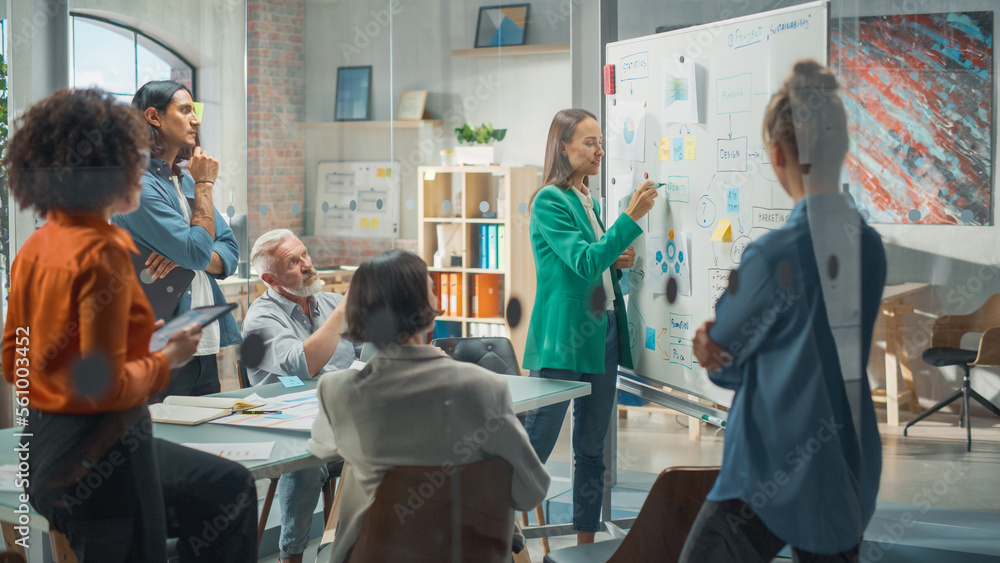 Modern Creative Agency Meeting: Confident Black Female Engineer Uses Whiteboard, Makes Report to a G