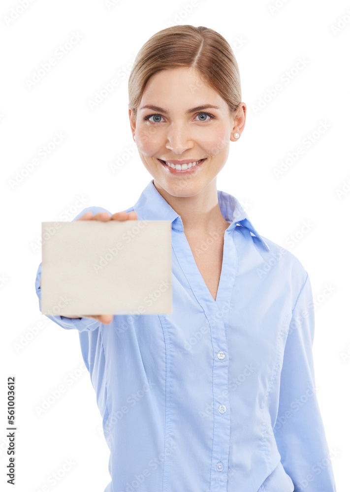 Happy, mockup and business woman with a card with space for announcement or advertising. Signage, bu