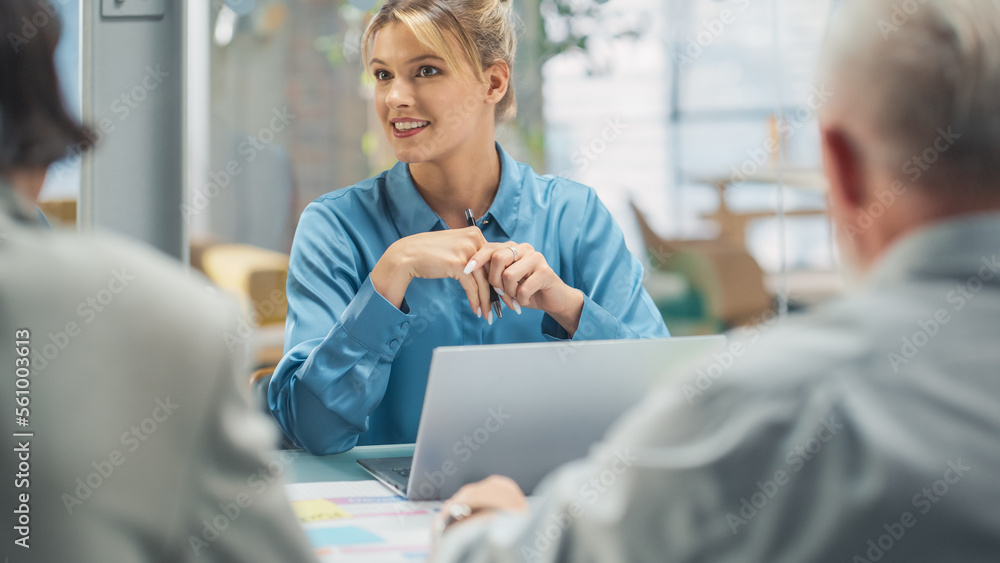 Office Conference Meeting: Female Company CTO Strategist Doing Presentation to Diverse Team of Multi