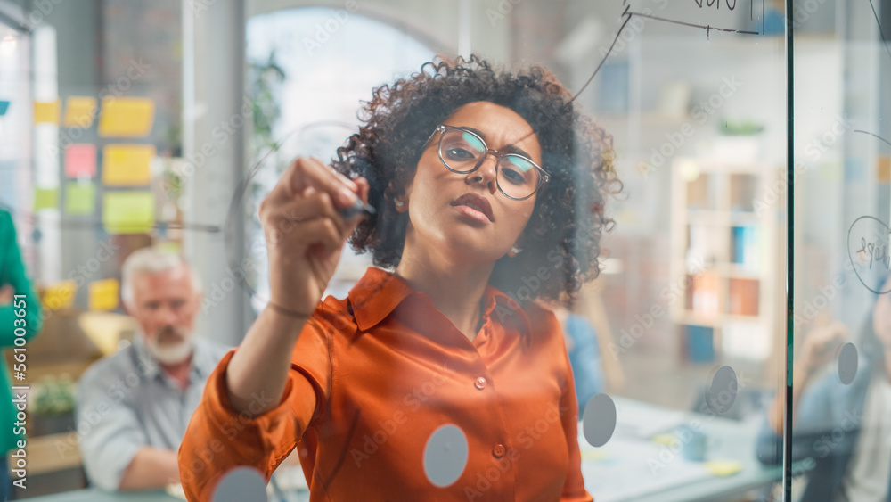 Portrait of Black Female Manager Writing on Glass Board and Brainstorming with Team in a Stylish Mee