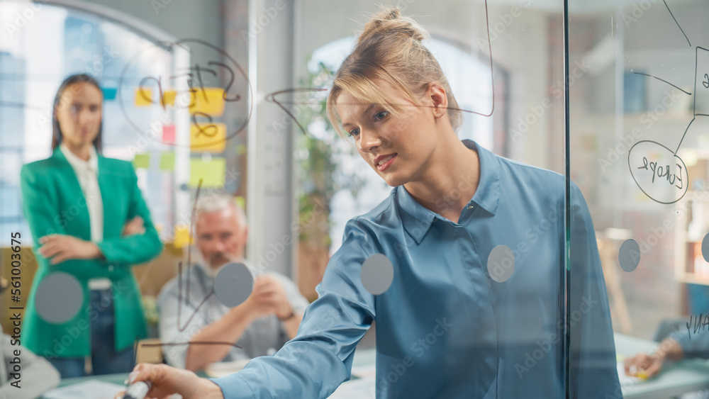 Portrait of Caucasian Female Manager Writing on Glass Board and Brainstorming with Team in a Stylish