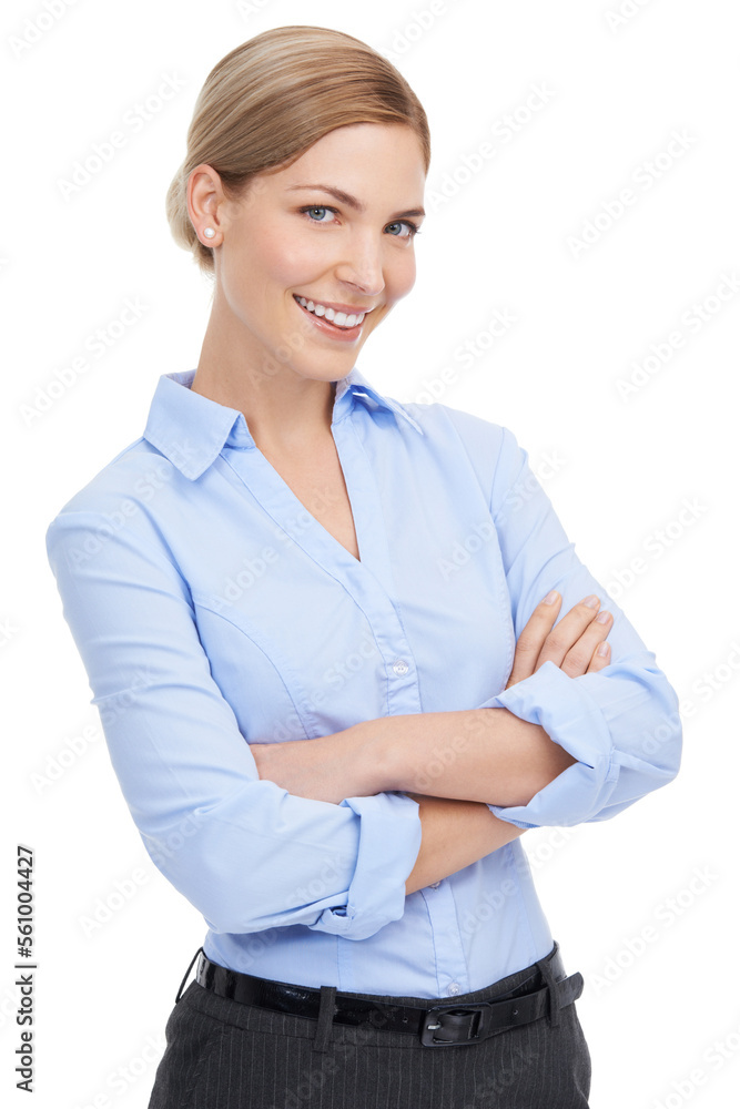 Portrait, leadership and business woman with arms crossed in studio on white background. Face, boss 