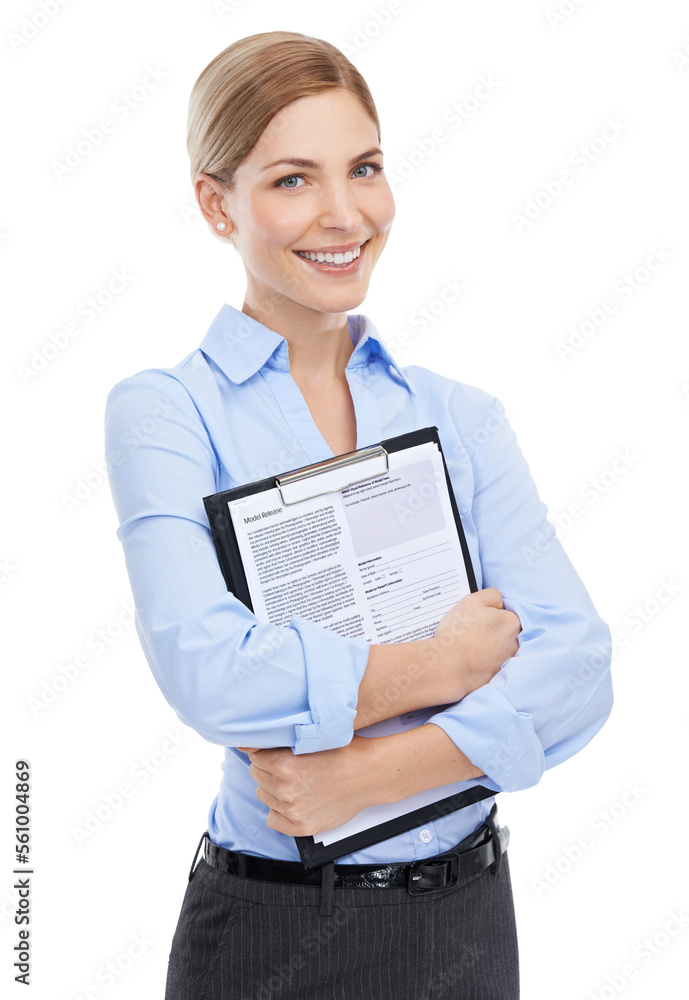 Hr manager, portrait or paper clipboard on isolated white background in cv review, recruitment or jo