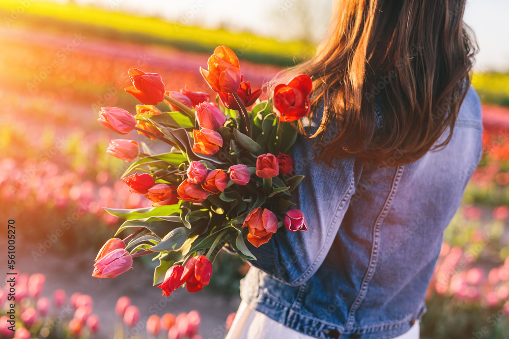 Woman with flowers bouquet on tulip field in spring.