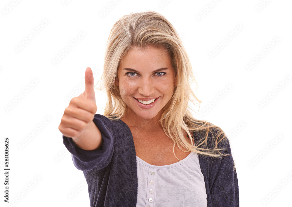 Portrait, woman and thumbs up in studio for success, winning and thank you against white background.