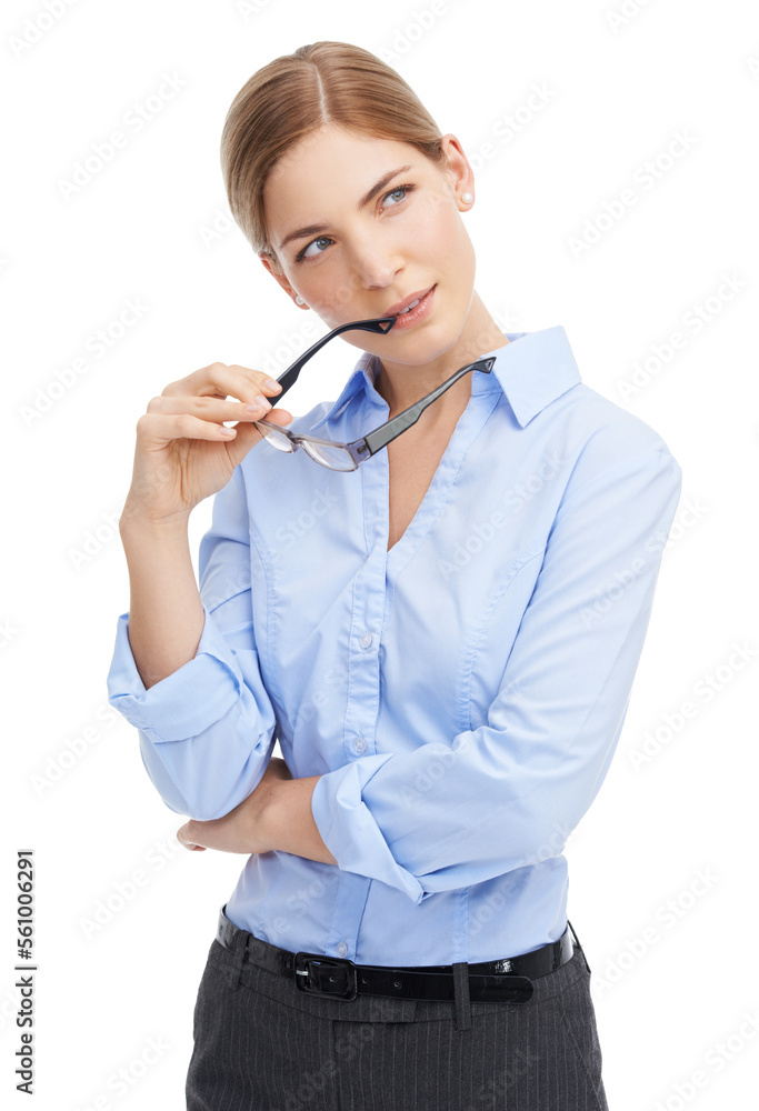 Thinking, glasses and a business woman in studio on a white background with a future focus mindset. 