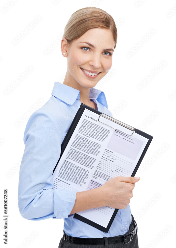 Business woman, portrait and contract clipboard on isolated white background for cv review, recruitm