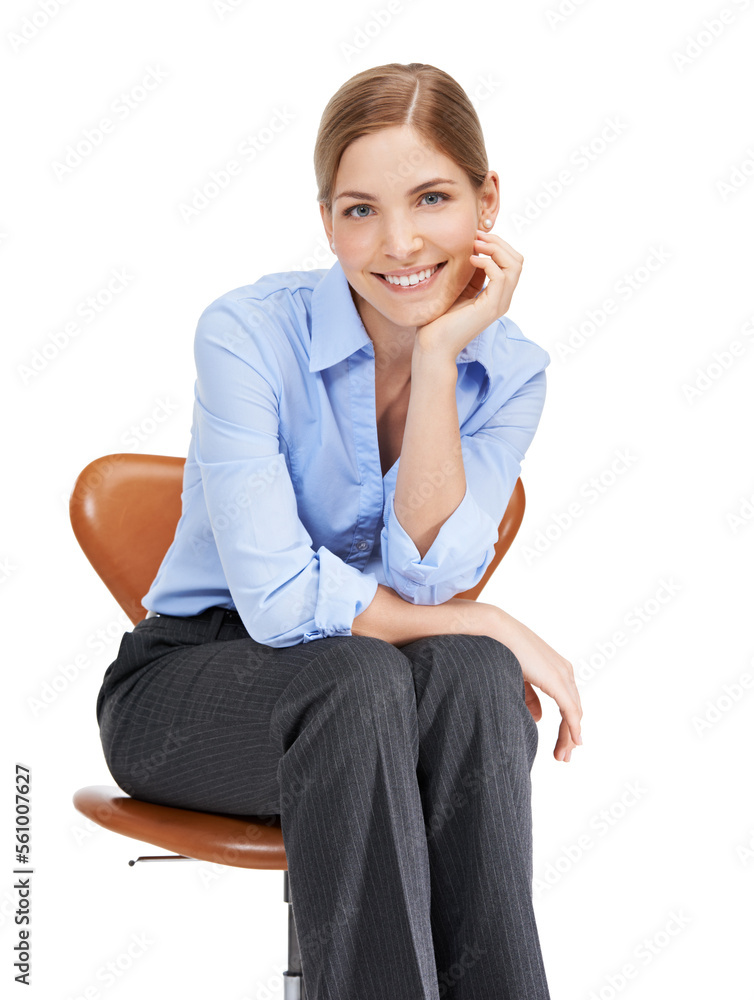 Businesswoman, portrait and sitting on chair in studio, white background and happiness. Happy female