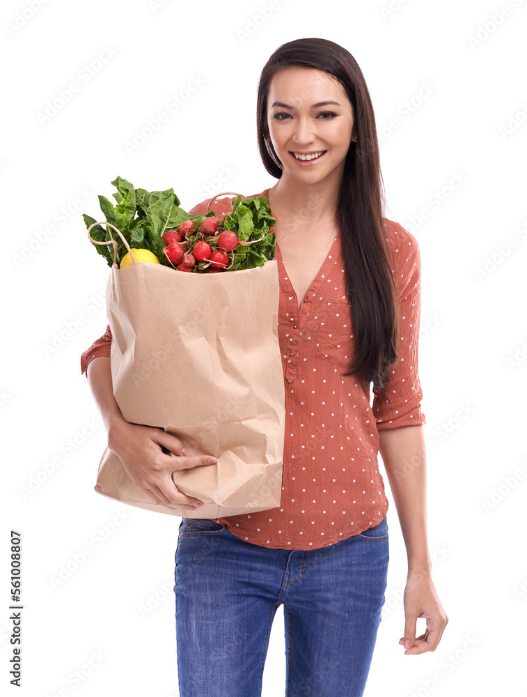 Woman, happy portrait and healthy food or grocery shopping bag in white background for nutrition hea