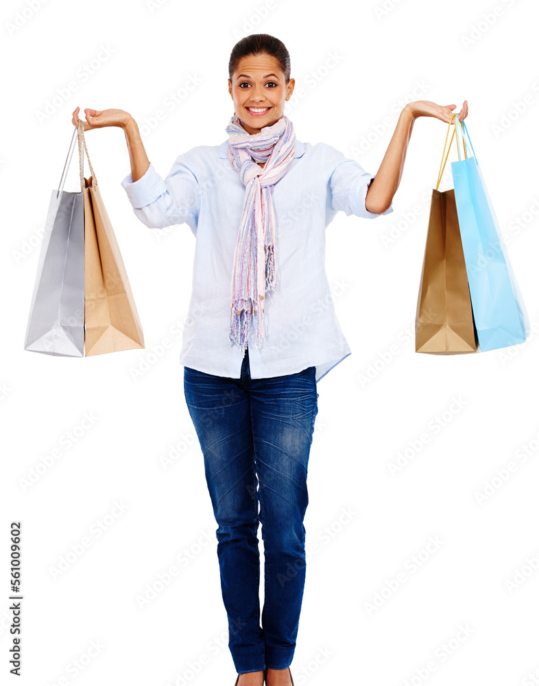 Happy, shopping and woman bags, smile and fashion sale isolated on white background. Winner discount