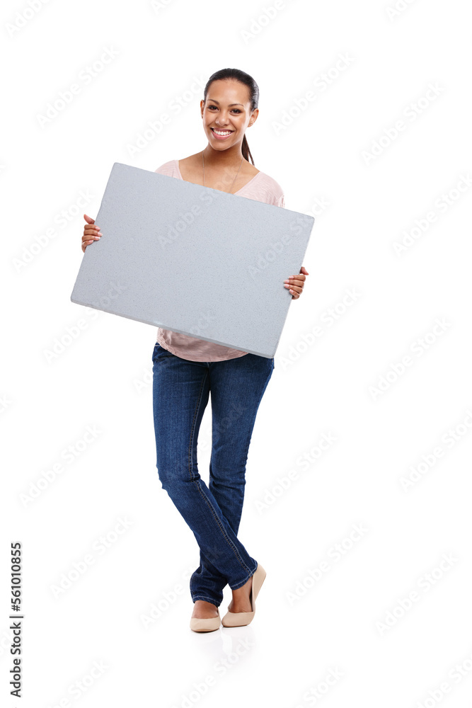 Black woman, studio portrait and marketing poster with smile, mockup and happy by white background. 