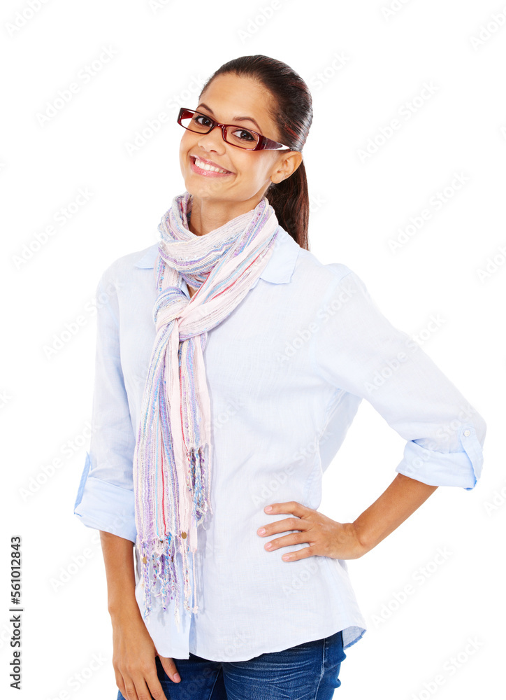 Portrait, glasses and smile with a black woman in studio isolated on a white background for fashion 