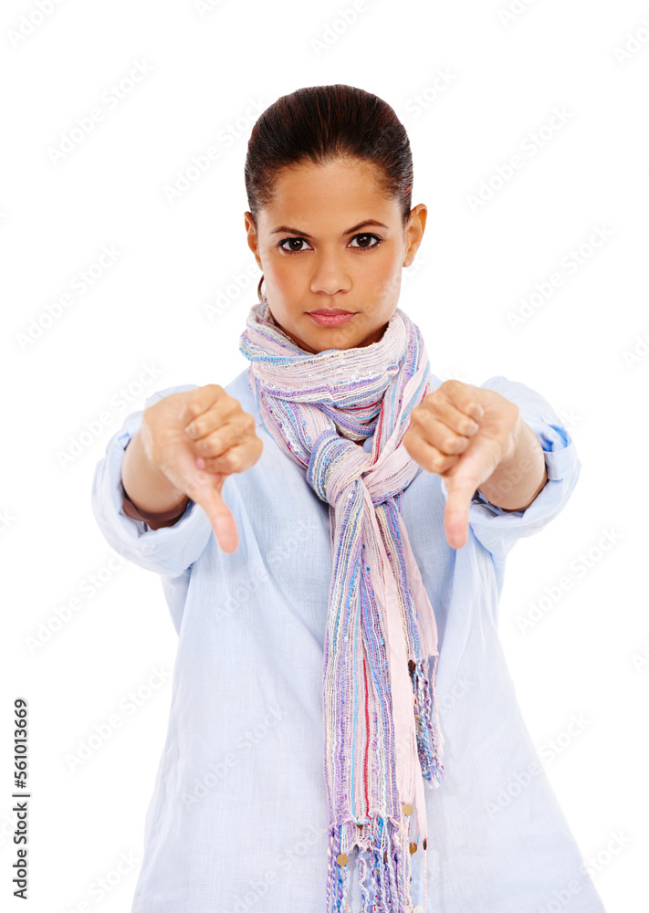 Portrait, thumbs down and emoji with a black woman in studio isolated on a white background to disag