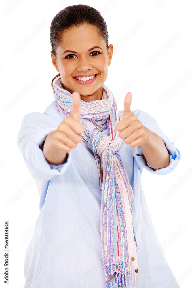 Woman, smile and thumbs up for winning, deal or discount against a white studio background. Portrait