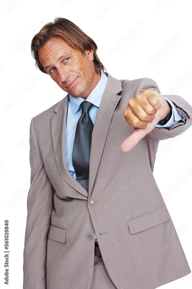 Businessman, thumbs down and bad news, disappointment or failure against a white studio background. 