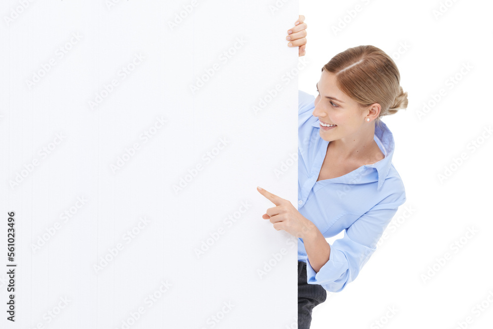 News, announcement and businesswoman with blank sign, mockup and product placement isolated on white