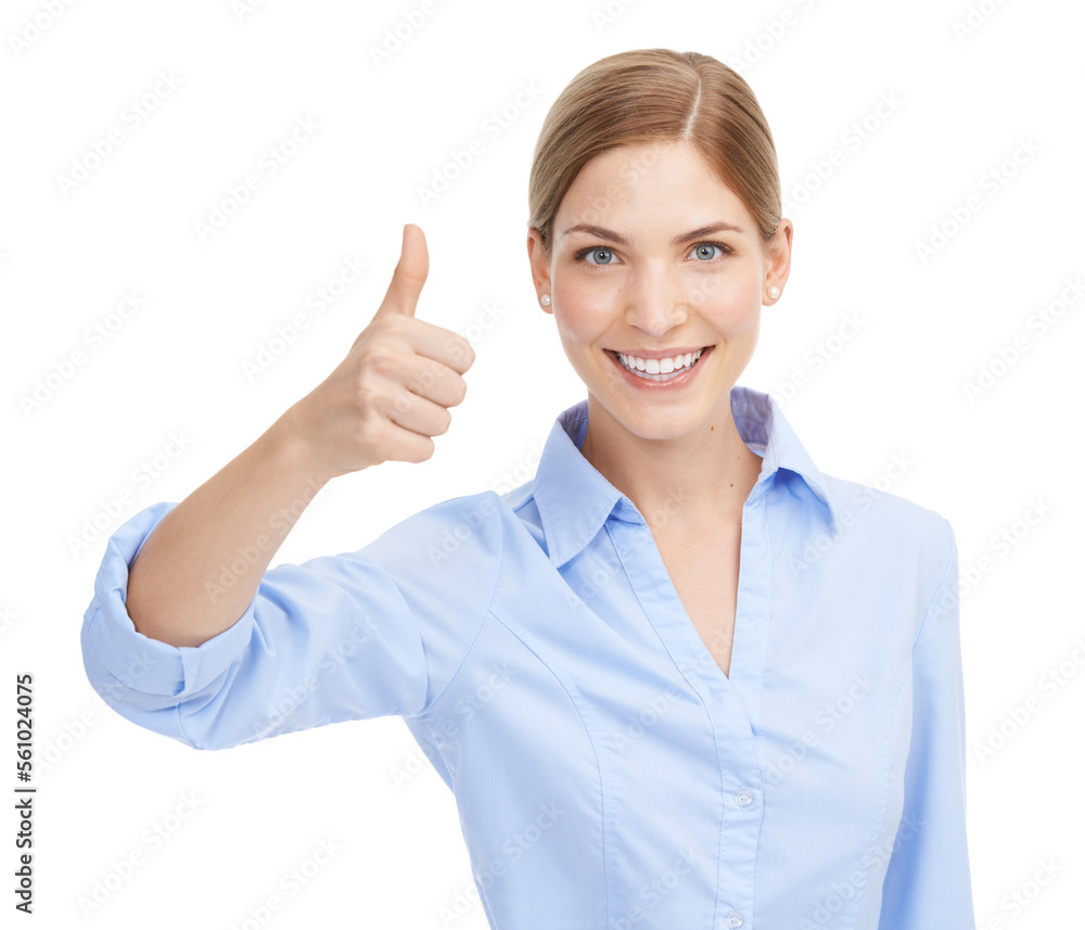 Thumbs up, hand sign portrait of a woman happy about winning, deal and thank you for support or appr