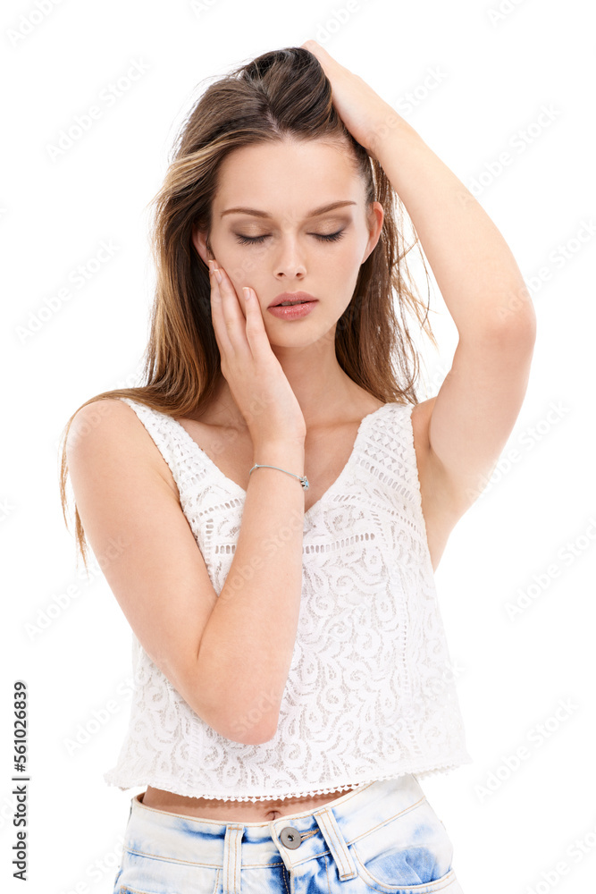 Cosmetics, fashion and woman with confidence, style and long hair on a white background in studio. B