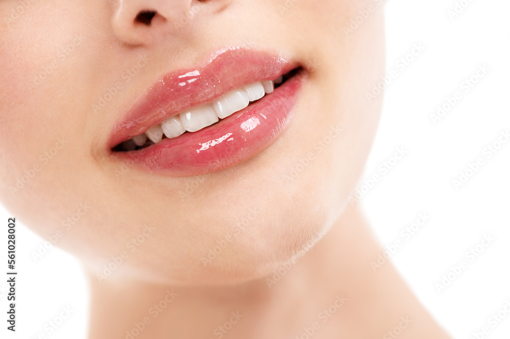 Woman, face or skincare lips with makeup cosmetics, mouth dermatology and healthcare wellness on whi