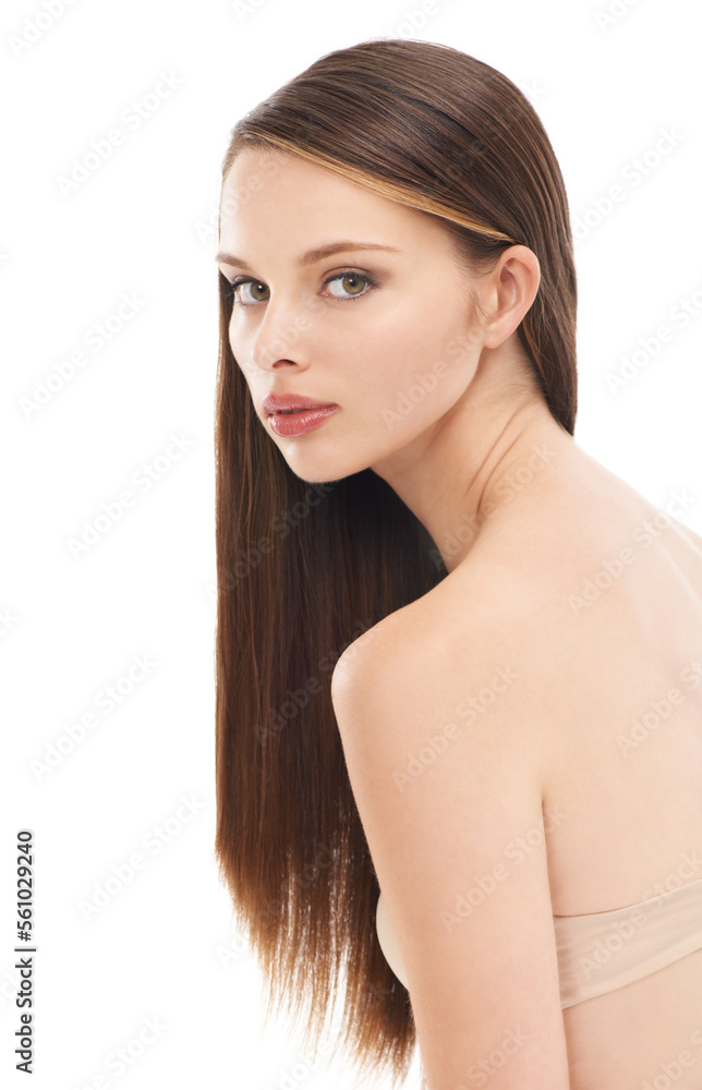 Portrait, hair and beauty with a model woman in studio on a white background for keratin or natural 