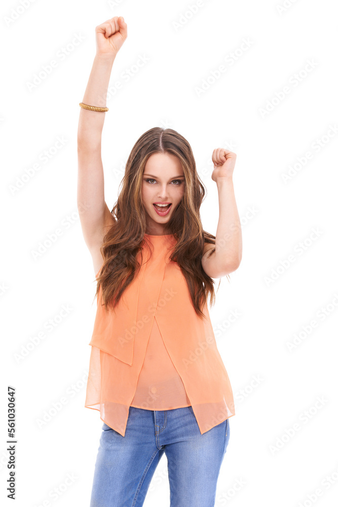 Fashion, arms up and portrait of woman in studio for marketing, advertising and mockup on white back