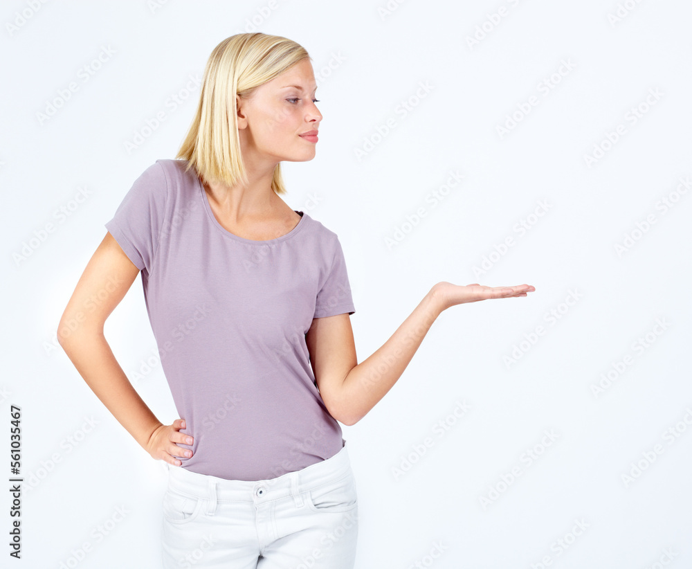 Woman, showing and hand for marketing space, advertising mock up and product placement mockup on stu