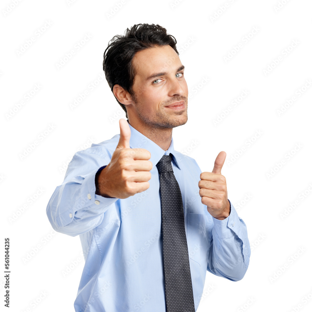 Businessman portrait, hands or thumbs up on studio background in finance deal, company growth or inv