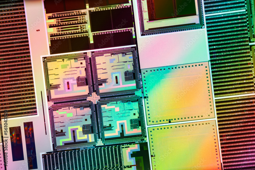 Silicon monocrystalline wafer with microchips manufacturing used in fabrication of electronic integr